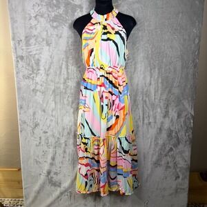 Umgee Halter Maxi Dress Medium Colorful Tiered Ruffle Keyhole Summer Boho